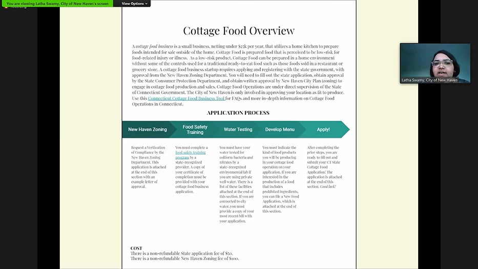 Swamy, director of New Haven Food Policy Council, presented a sample page from the city's toolkit on opening a food business. Screenshot from Zoom. 