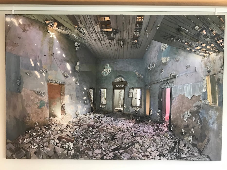 The Memory of a Shifting Ceiling, 2019, acrylic, goache, cement, archival inkjet on canvas
