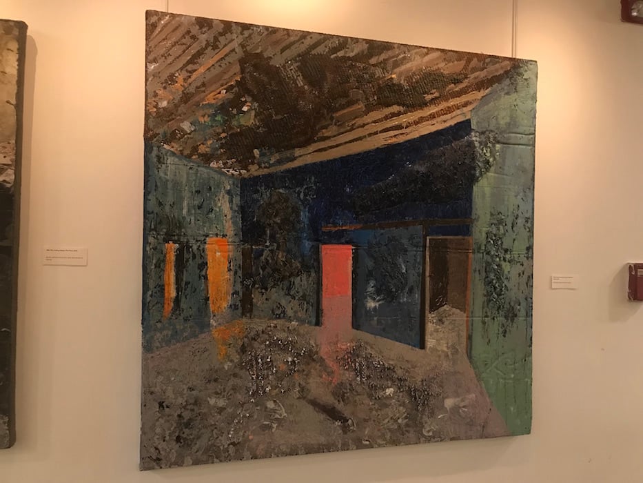 Three doors into my blue heart in pink and orange, 2018, acrylic paint, cement and lace on canvas