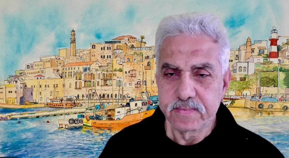 Faisal Saleh - Founder and Executive Director - Plestine Museum US (coutesy of Faisal Saleh)-Artwork in background is Yafa by Palestinian artist Shaima Farouki (courtesy of Pal Mus US)- not in exhibit