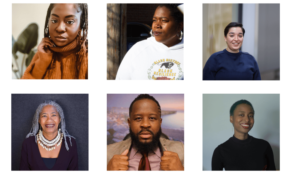 Depicted from L to R are Tiffany (Typhanae) Williams in an orange sweater, Jasmine Honegan in a white hoodie, Zino Adjroud in a blue long sleeve shirt, IfeMichelle Gardin in a black shirt, Frank Brady in a tan suit,  and Alana Ladson in a a black long-sleeve. 