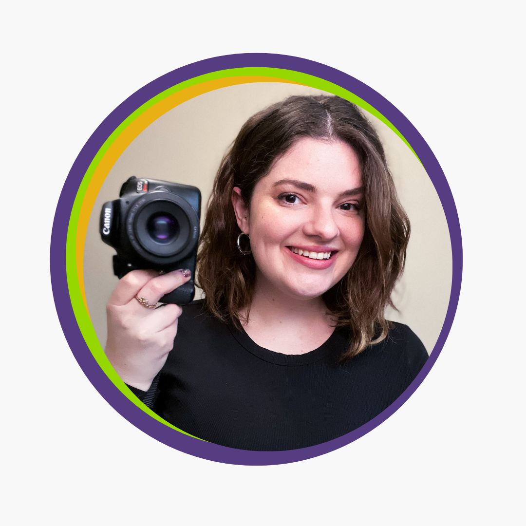Allie smiling with her camera, in a circular graphic