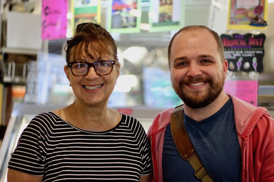  Owner Claire Criscuolo with diner CJ Rice, a doctoral student at Yale.  