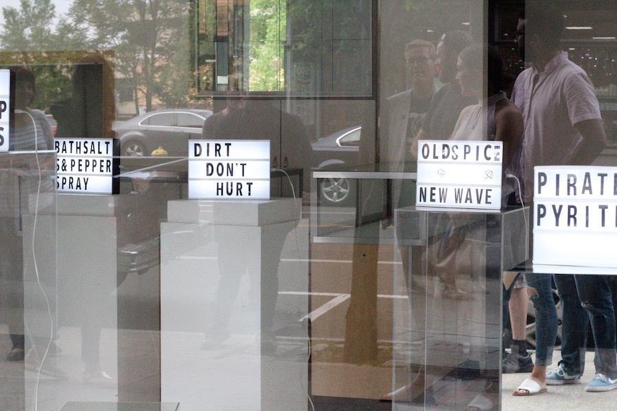 Joe Bun Keo's installation at the former Vovo Organics (28 Orange St.). “In these small light boxes, you really have to truncate your thoughts,” he said.
