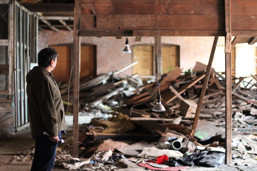 Kraus in the building earlier this month. Pictured is what he thinks was at one time an illegal skate park.