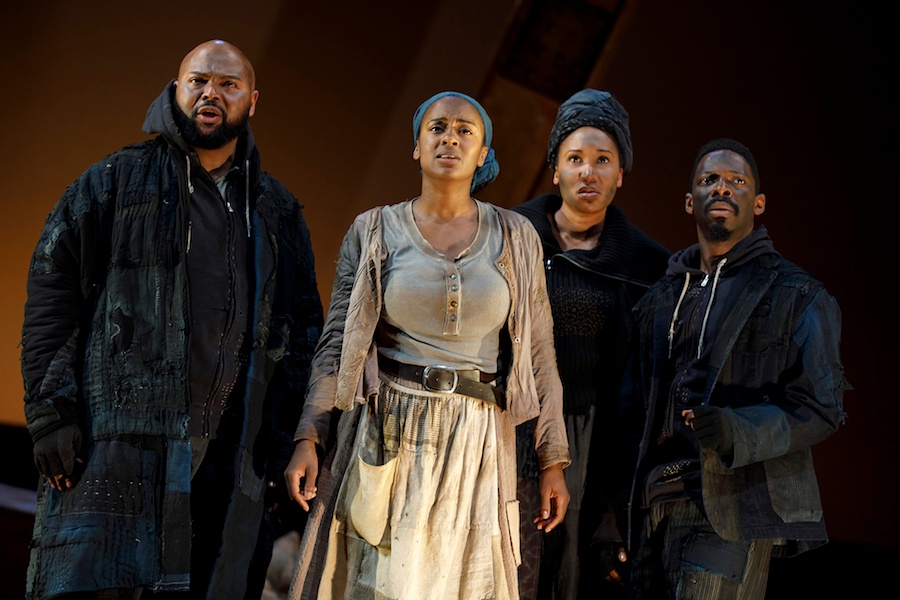 Chivas Michael, Eboni Flowers, Safiya Fredericks, and Rotimi Agbabiaka in Father Comes Home From the Wars, Parts 1, 2 & 3 by Suzan-Lori Parks, directed by Liz Diamond. Photo by Joan Marcus, 2018.
