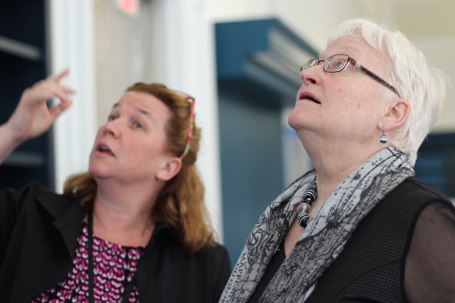  City Librarian Martha Brogan (in foreground) and Project Manager Tricia Hetherington, who has been supervising work for 