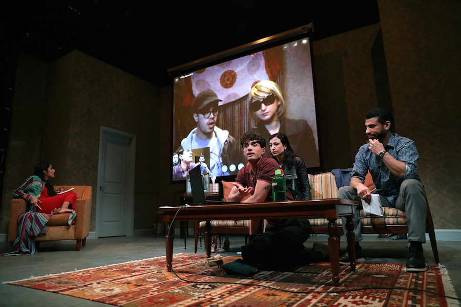 The cast of Kiss by Guillermo Calderón, directed by Evan Yionoulis. Photo by Joan Marcus, 2018.