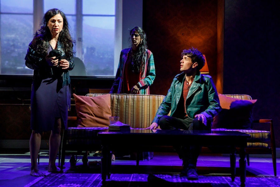 Hend Ayoub, Sohina Sidhu, and James Cusati-Moyer in Kiss by Guillermo Calderón, directed by Evan Yionoulis. Photo by Joan Marcus, 2018.