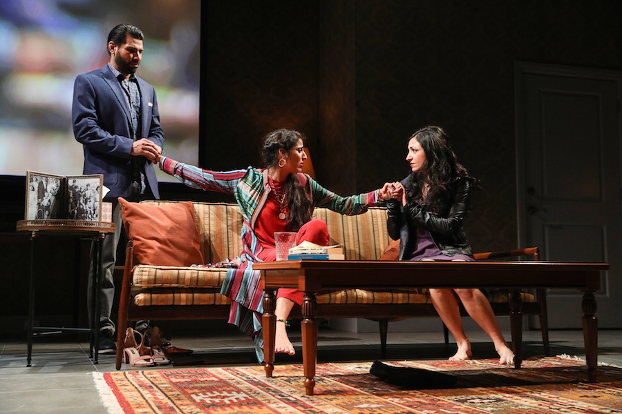 Ian Lassiter, Sohina Sidhu, and Hend Ayoub in Kiss by Guillermo Calderón, directed by Evan Yionoulis. Photo by Joan Marcus, 2018.