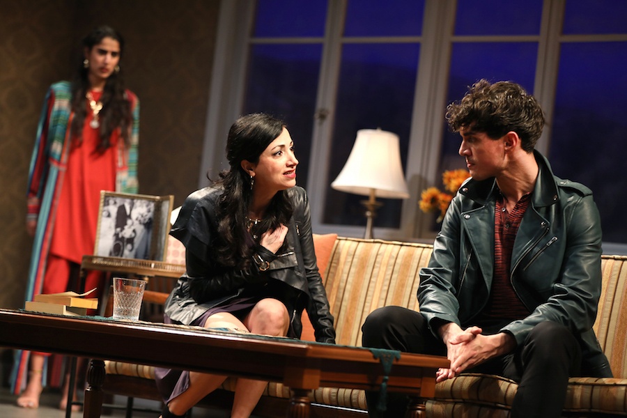 Sohina Sidhu (background), Hend Ayoub, and James Cusati-Moyer in Kiss by Guillermo Calderón, directed by Evan Yionoulis. Photo by Joan Marcus, 2018.