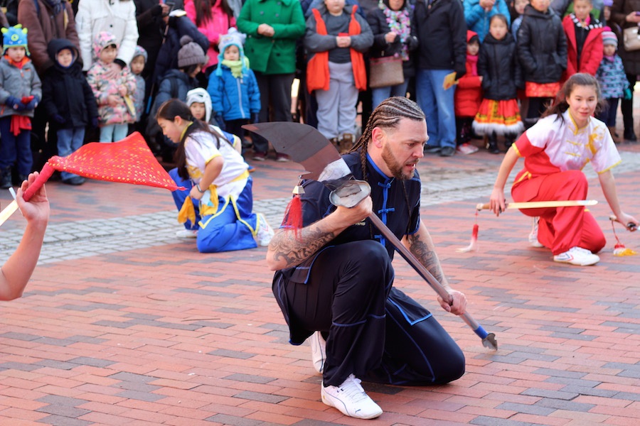 Stanley D’Amato, with Kungfu practitioners Tori Matula and Robin Snet-Singer in the background.