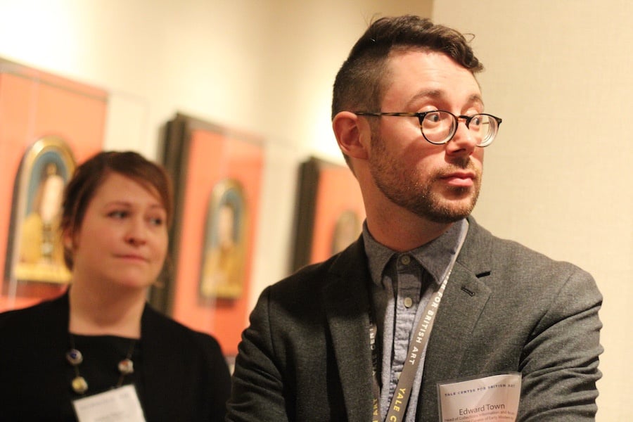  Co-curator Edward Town, with Senior Conservator of Paintings Jessica David in the background, at a press preview earlier this week (full curatorial credits are at the bottom of this article, with information on visiting the YCBA). Town spoke on the importance of the Paston letters, some of which are on the exhibition.  Lucy Gellman Photos.  