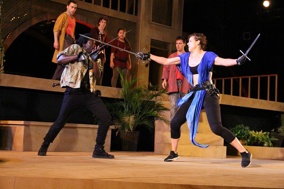 Mercutio (James Udom) and Lord Tybalt (Claire Warden) duke it out. Mike Franzman Photos.