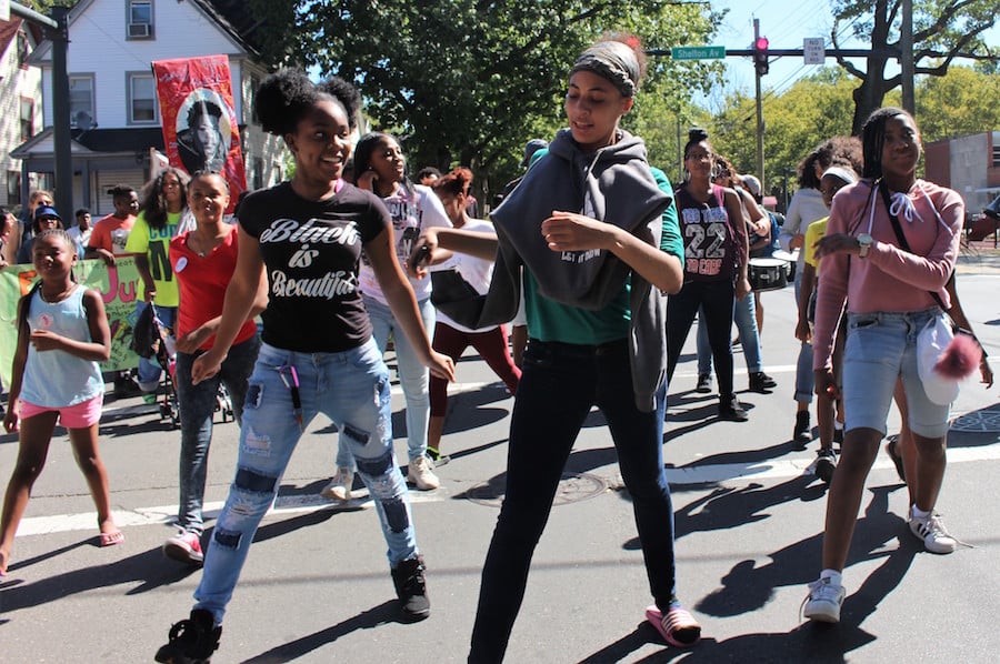  Young dancers from Ice The Beef Youth at a march for jobs last year. Thomas Breen File Photo for the New Haven Independent.  
