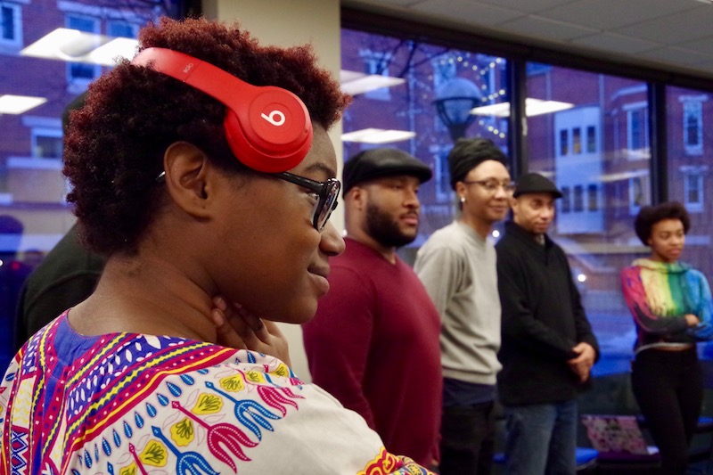 The first Weekly Word Workshop began with an exercise where attendees added freeform sounds, beats, and song-like melodies to a collaborative freestyle.