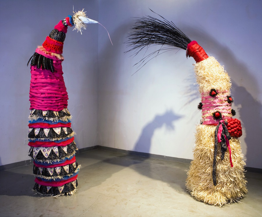 Sculptures by Antonak comprising silk, corn husk, and plastic flowers. Erin Lee Antonak Photo.