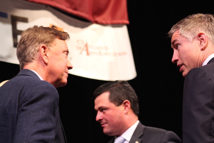  Ned Lamont and David Stemerman at Tuesday's forum. Tim Herbst is pictured in the background. Lucy Gellman Photos.  