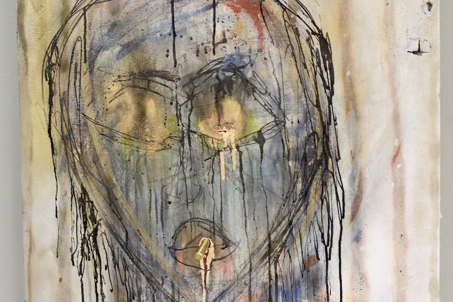  “When I  seroconverted  I had a rush of emotions, and the best way to process it for me ended up being painting,” said Jonathan Joseph Ganjian at the opening. Detail of  Inside  pictured above. Lucy Gellman Photos.  