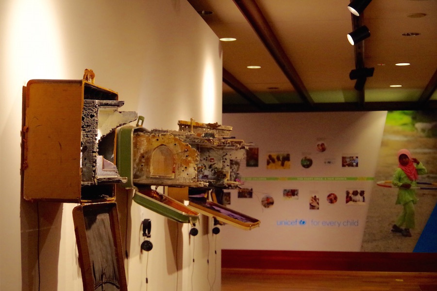 One side of Unpacked: Refugee Baggage , which lives inside a permanent exhibition at the UNICEF House. Hafez said that a wall was put up in the space especially for the show. Lucy Gellman Photo.
