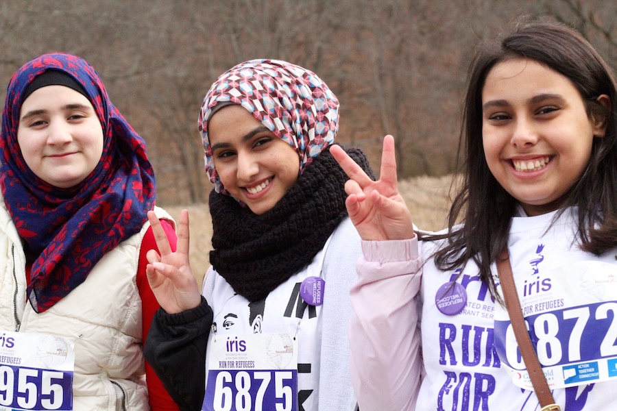 Alzouabi at left, with fellow refugees and Hillhouse classmates Noor Roomi and Reem Asood.