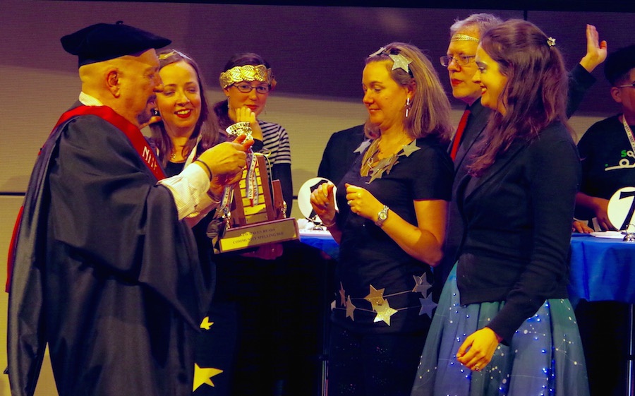 Wordmaster Tom Zingarelli hands out prizes to The Stellar Spellers, as well as several other recepients. Lucy Gellman photos.