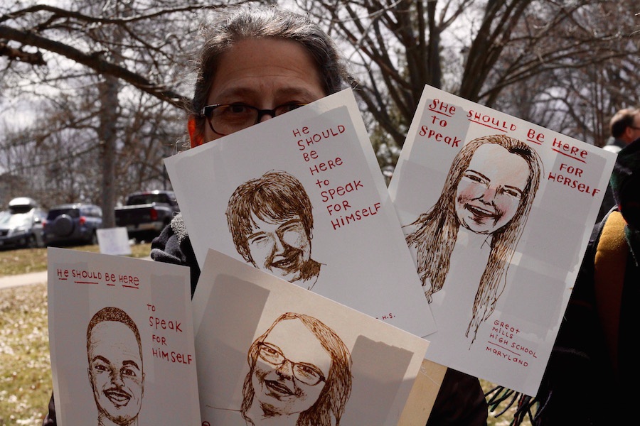 The New Haven artist Julie Fraenkel designed several small posters for the event, commemorating students who have been lost to gun violence in school shootings.