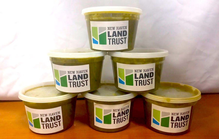 Signed, sealed ... almost delivered! The sofrito is ready to head to the CitySeed Farmers' Market. New Haven Land Trust Photo.