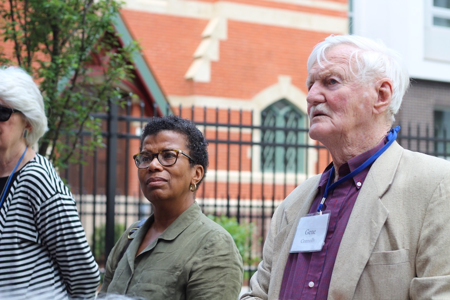 NHPT Members Elsie Chapman and Gene Connolly look on. Constance Clement is in the stripes.