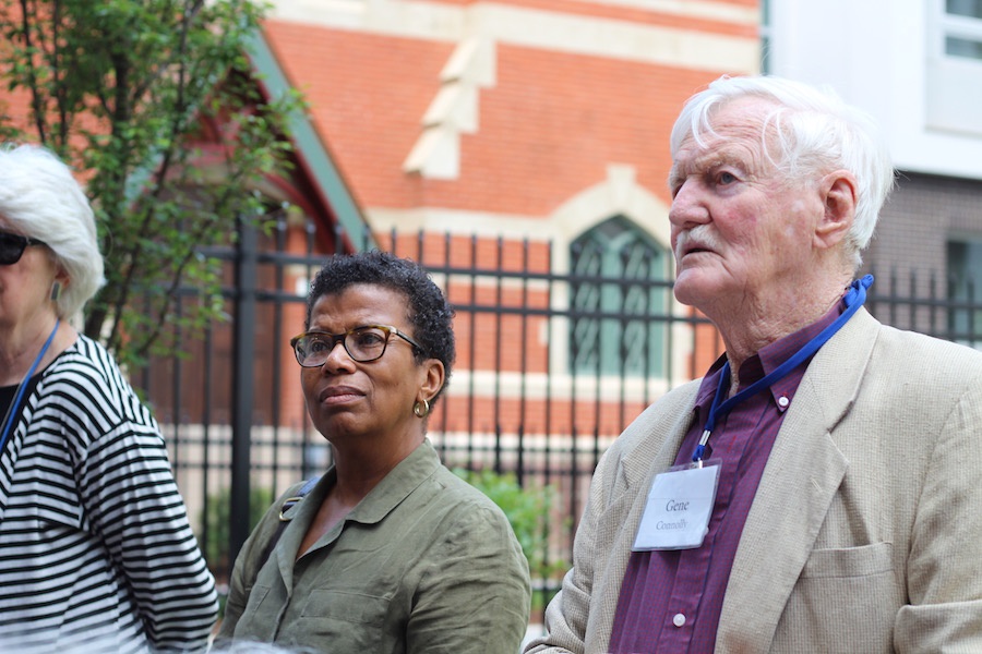  NHPT Members Elsie Chapman and Gene Connolly look on. Constance Clement is in the stripes.  