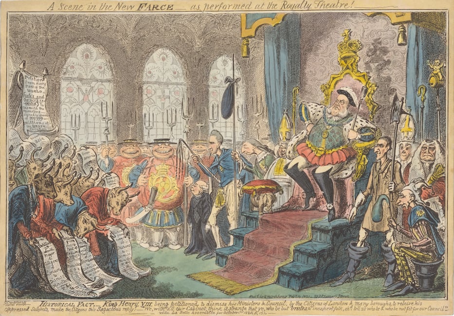 Print made by George Cruikshank, A Scene in the New Farce–as Performed at the Royalty Theatre, 1821